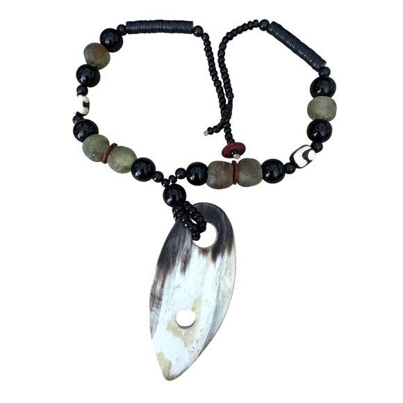 Ethnic Tribal Prehnite & Tagua Nut Beaded Necklace With Glass Accents - Picture 1 of 8